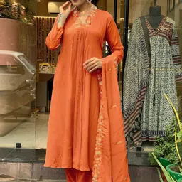 LIVIX Women Ethnic Motifs Embroidered Pleated Thread Work Chanderi Silk Kurta with Trousers & With Dupatta-picture-29