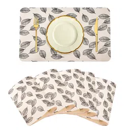 Kuber Industries Cream Colored & Grey 6 Pieces Leaves Printed Table Placemats image 2