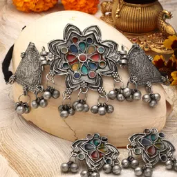 Moedbuille Silver-Plated Oxidised Ghungroo-Studded Meenakari Work Jewellery Set-picture-51