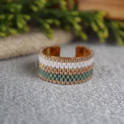 Threads & Beads Gold-Plated Frosted Green Beaded Adjustable Finger Ring image 1