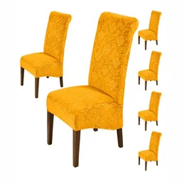HOKIPO Yellow 6 Pieces Stretchable Velvet Long Back Chair Covers-image-75