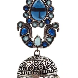 NAMAN ARTS Silver-Plated Artificial Stones Studded & Beaded Dome Shaped Oxidised Jhumkas image 2