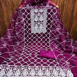 Panzora Floral Embroidered Thread Work Organza Unstitched Dress Material image 2