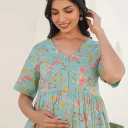 KALINI Women Floral Printed V-Neck Gathers Maternity Pure Cotton A-line Tunic image 3