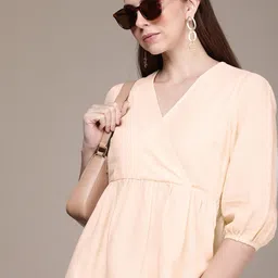 French Connection Cotton Linen Striped Puff Sleeves Wrap Top-image-0