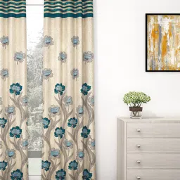 Story@home Cream-Coloured & Blue Premium Jacquard 350GSM Room Darkening Eyelet Single Long Door Curtain image 1