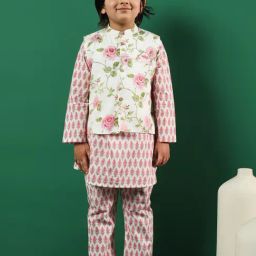READIPRINT FASHIONS Kids Pink & White Floral Print Full Sleeves Kurta, Pyjamas with Jacket-picture-22