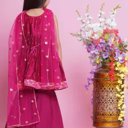 Little Bansi Girls Pink Embroidered Kurta, Sharara with Dupatta image 2