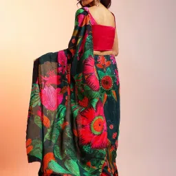 navyasa by liva Dark Green Printed Saree With Unstitched Blouse image 2