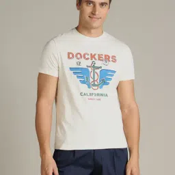 Dockers Off White Cotton Straight Fit Printed T-Shirt-image-8
