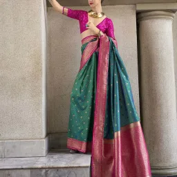 Satrani Peacock Blue & Magenta Silk Woven Saree With Unstitched Blouse image 2