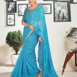 Satrani Blue Leheriya Saree With Unstitched Blouse image 2