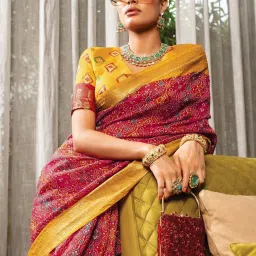 Satrani Red & Turmeric Yellow Cotton Silk Bandhani Saree With Unstitched Blouse image 2