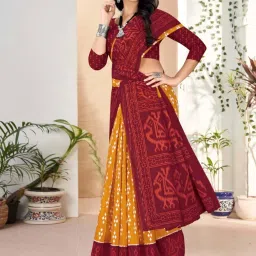 Satrani Turmeric Yellow & Maroon Pure Cotton Printed Saree With Unstitched Blouse image 2