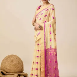 Satrani Cream & Rani Pink Cotton Silk Woven Saree With Unstitched Blouse image 2