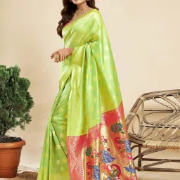 Satrani Lime Green & Pink Woven Saree With Unstitched Blouse image 2