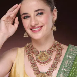 NVR Gold Plated Green & Pink Stone Studded Peacock & Lakshmi Design Temple Jewellery Set Pack of 2 image 2