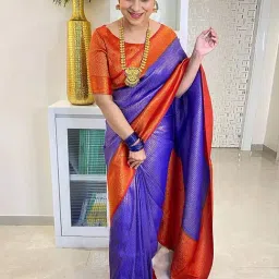 Anjaneya Sarees Blue & Rust Silk Woven Saree With Unstitched Blouse-picture-32