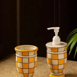 ExclusiveLane 'Shatranj Check' Hand-painted Bathroom Accessory Set In Ceramic image 1