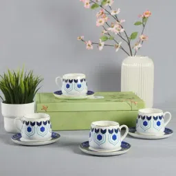 India Circus by Krsnaa Mehta Botanical Elegance Printed Indigo Bone China Cup and Saucer - Set of 4-image-40