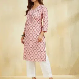 Fabindia Pink Cotton Regular Fit Printed Kurta image 3