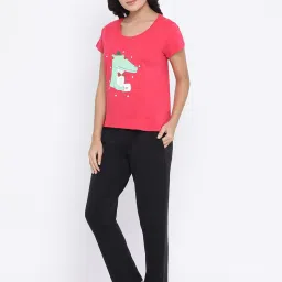 Clovia Coral & Black Printed Top & Pyjama Set image 4