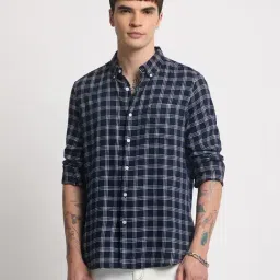The Bear House Navy Cotton Slim Fit Checks Shirt-image-17
