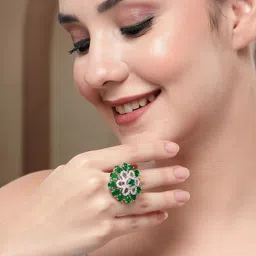 KARATCART Silver-Plated American Diamond-Studded Round Floral Cocktail Finger Ring image 2