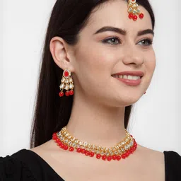 ANIKAS CREATION Orange Gold-Plated Kundan-Studded & Beaded Jewellery Set-picture-7