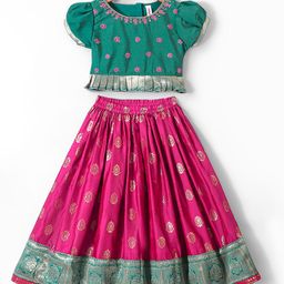 Babyhug Half Sleeves Pattu Pavada Choli with Lehenga Set with  Floral Embroidery - Fuchsia-image-99