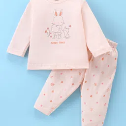 Zero Sinker Knit Full Sleeves Night Suit With Bunny & Kitten Print - Peach-picture-34