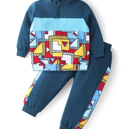 Babyhug Terry Knit Full Sleeves Cut & Sew Printed High Neck Sweatshirt & Joggers Set - Teal Blue-picture-27