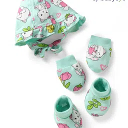 Babyoye Eco Conscious 100% Cotton Knit Cap Mittens & Booties Set with Kitty Pint Light Green - Diameter 9.5 cm-picture-22