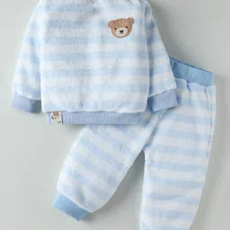 Little Kangaroos Cotton Knit Full Sleeves Winter Wear T-Shirt & Lounge Pant Set With Stripes & Bear Applique - Light Blue-image-13