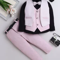 Fourfolds Cotton Blend Woven Chevron Printed 3 Piece Party Suit With Bow Set - Pink-picture-25
