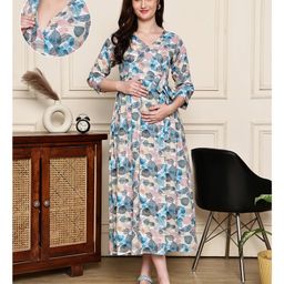 COLOR STUDIO Cotton Blend Woven Three Fourth Sleeves Leaves Printed Maternity Maxi Dress With Nursing Access - Teal Blue-picture-27