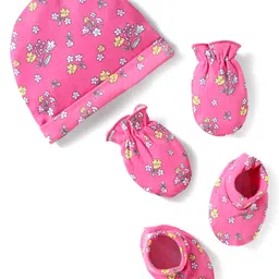 Babyhug Interlock Cotton Knit Cap Mittens And Booties Set With Floral Print Pink - Diameter 16 cm-image-37
