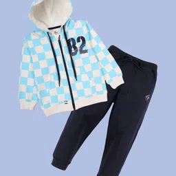Kiddopanti Fleece Knit Full Sleeves Chessboard Checked Light Winter Hooded Sweatshirt With Track Pants Set - White Aqua & Navy Blue-image-36
