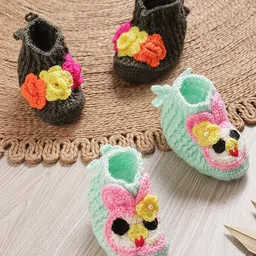 MayRa Knits Pack Of 2 Hand Knitted Woven Floral Applique Detailed Set Of Booties - Black & Sea Green-picture-26