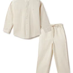 Tales & Stories Cotton Linen Woven Full Sleeves Solid Shirt & Trousers Set - Cream-picture-31