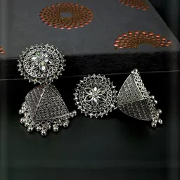 Just Devotional Silver-Plated Artificial Stones Studded And Beaded Circular Shaped Jhumkas-image-25