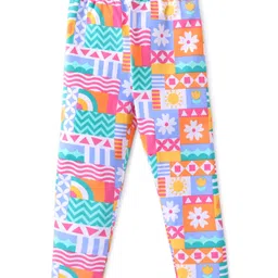 Babyhug Cotton Lycra Knit Full Length Leggings with Polka Dots  & Floral Print Pack of 3 - Pink & Yellow image 4