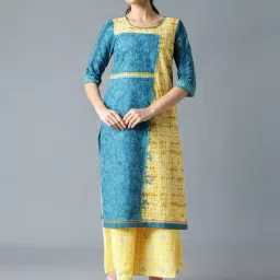 Aurelia Blue & Yellow Cotton Printed Straight Kurta-image-80