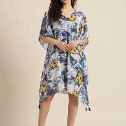 Qurvii Navy & Yellow Floral Print Kaftan Dress-picture-40