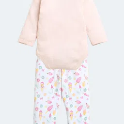 Bumzee Girls Peach & White Printed Full Sleeves Bodysuit With Pyjamas image 2