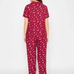Clovia Maroon Rayon Relaxed Fit Floral Print T-Shirt & Pyjama image 2