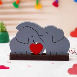 eCraftIndia White Wooden Cuddling Elephants With Heart Statues image 2