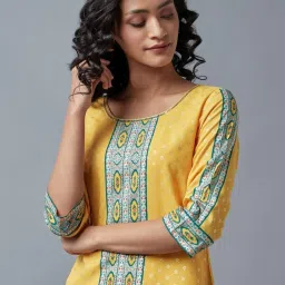 Aurelia Yellow & Green Printed Straight Kurta image 5