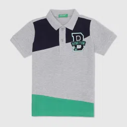 United Colors of Benetton Kids Grey & Black Cotton Color Block Polo T-Shirt image 1