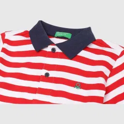 United Colors of Benetton Kids Red & White Cotton Striped Polo T-Shirt image 3